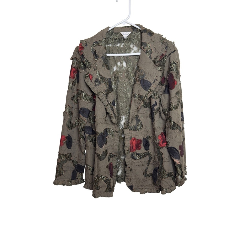 Dorman Womens XL Olive Green Floral‎ Lace Applique Open Front Art To Wear Jacket